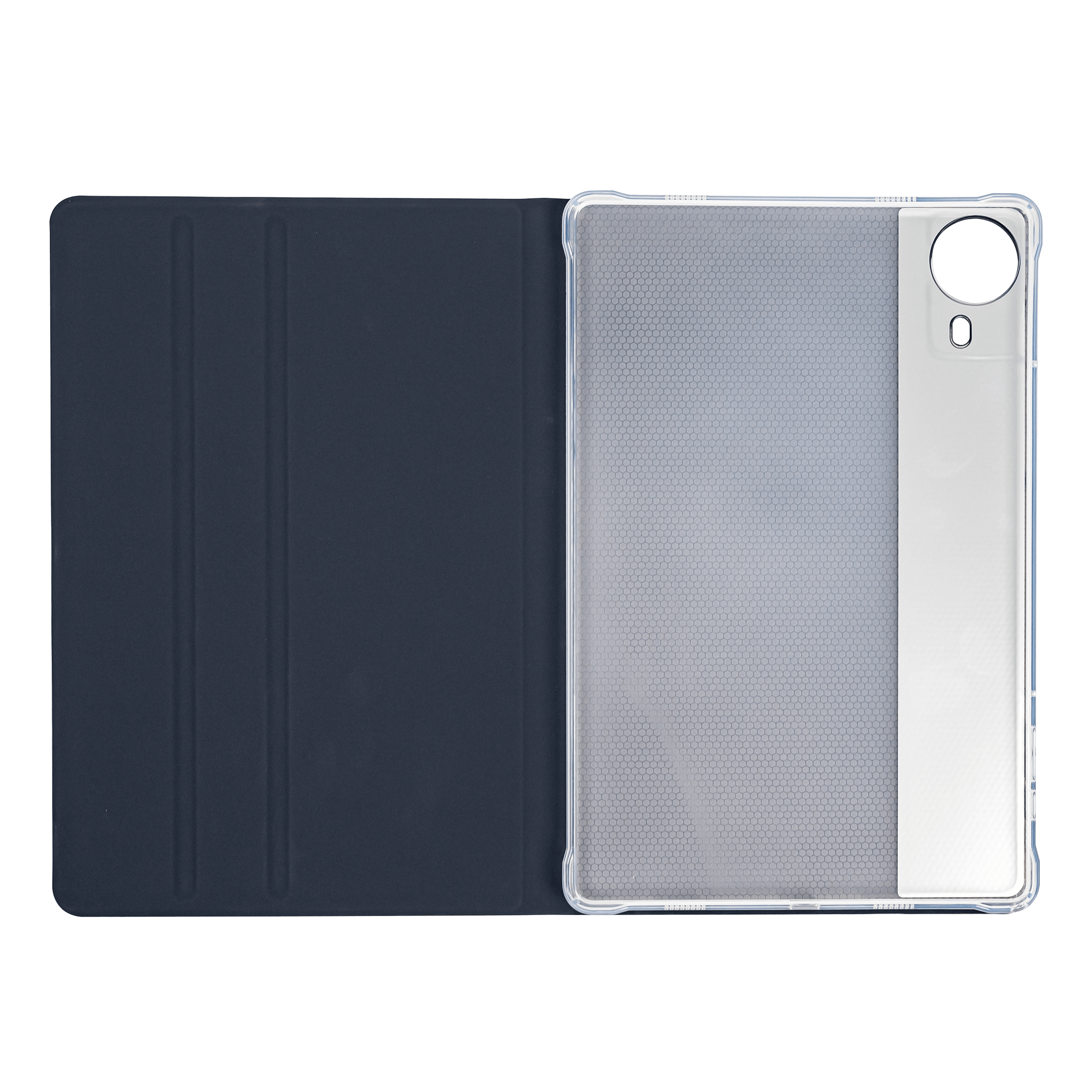 T65 Max tablet secured in the new folio case, illustrating the case’s slim fit and the easy access to the device's screen, camera, and charging port.
