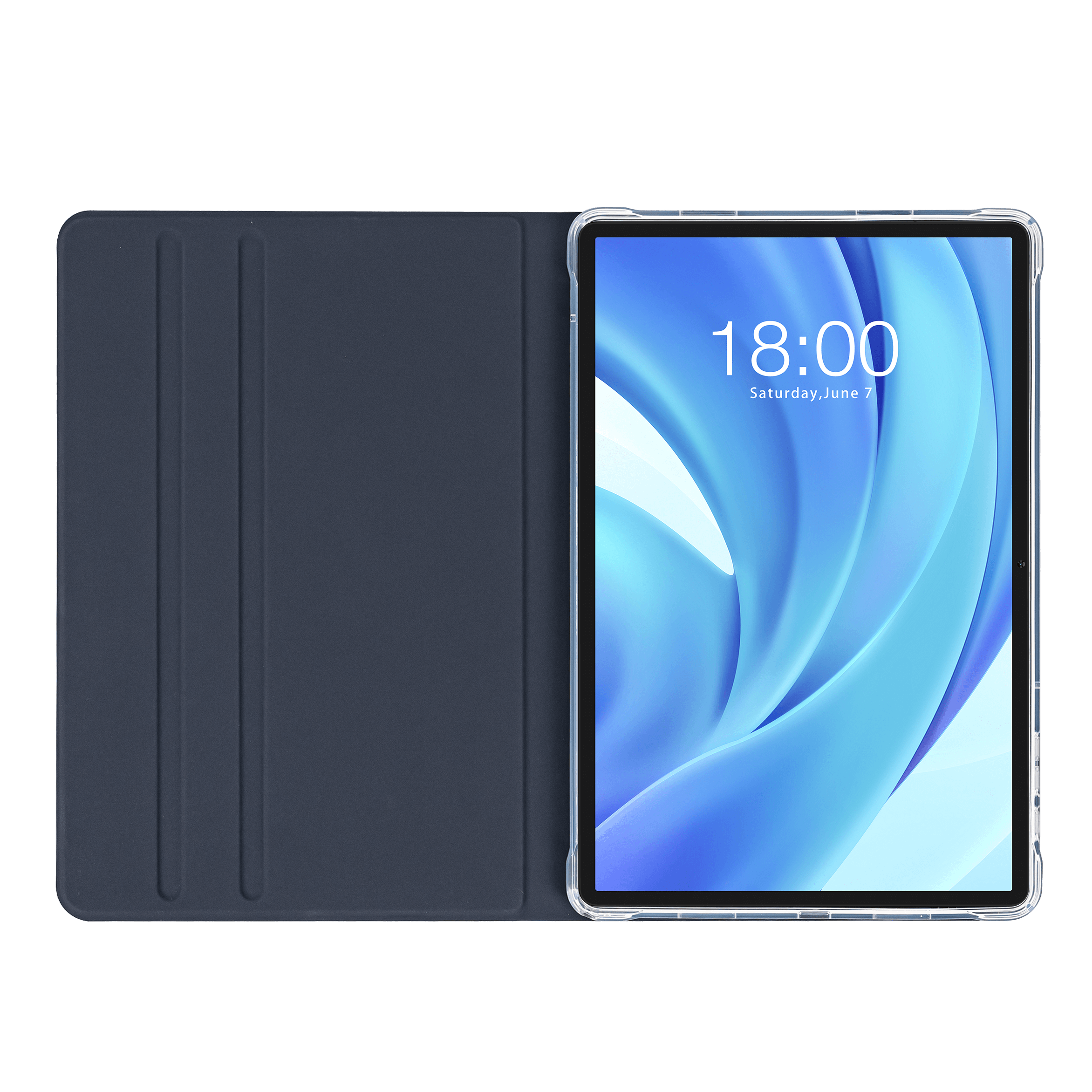Detailed view of the deep sapphire textured surface on the T50HD tablet folio case, highlighting the premium material and meticulous stitching.
