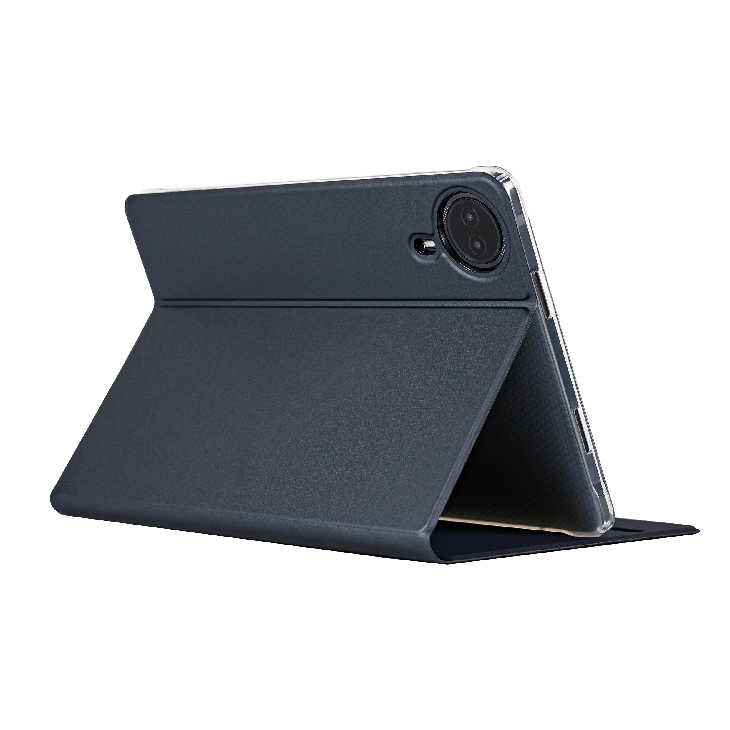 Teclast T50HD tablet encased in a luxurious deep sapphire folio case, showcasing a slim fit and clear access to cameras, speakers, and ports.
